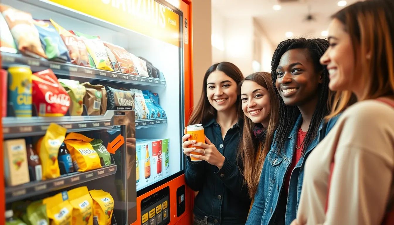 People choosing refreshments at a vending machine